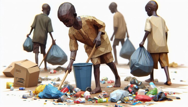 Un niño africano recoge la basura esparcida por el suelo bajo poli aislado sobre fondo blanco