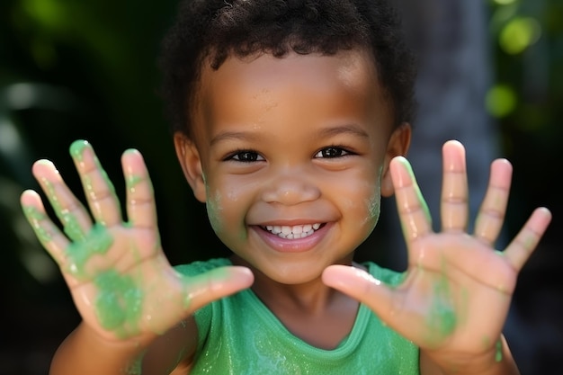 Un niño africano sonriente muestra sus manos manchadas de limo verde de bebé jugando con limo