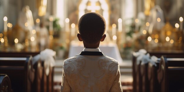 Un niño afro está de pie frente a un altar con una cruz en el fondo