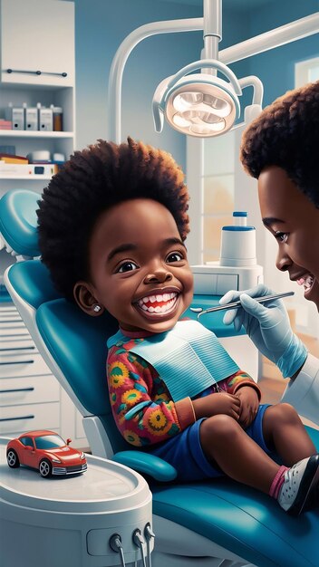 Un niño afro feliz en un chequeo regular de los dientes en la clínica dental