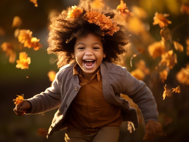 un niño con un afro en las hojas de otoño