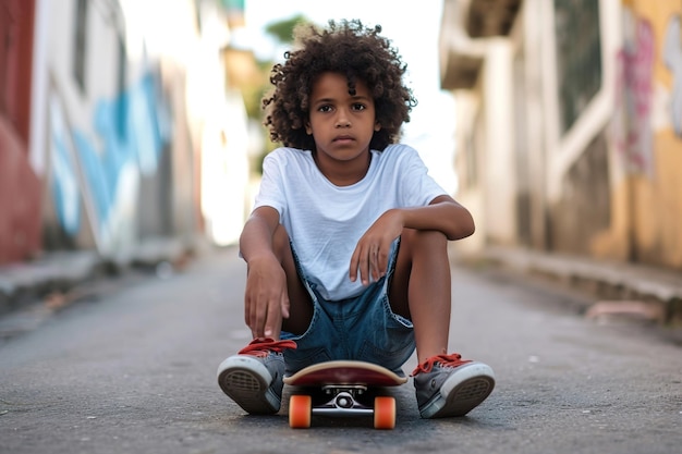 Foto niño afro latino sentado en un longboard