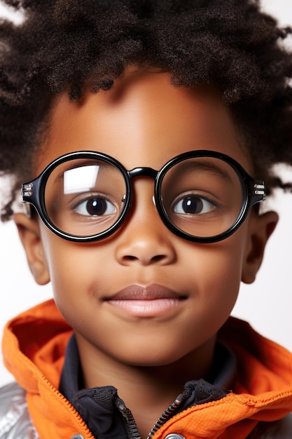 Un niño afroamericano de aspecto gracioso lleva gafas futuristas sobre un fondo blanco