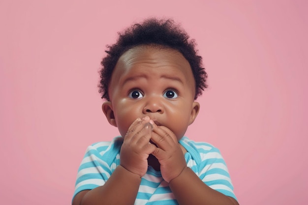 Niño afroamericano asustado y mordiendo uñas en el estudio con reacción de oops en fondo rosa