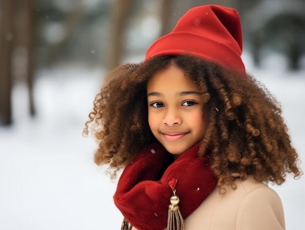 niño afroamericano disfruta del día nevado de invierno en una postura dinámica emocional lúdica