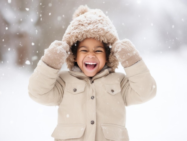niño afroamericano disfruta del día nevado de invierno en una postura dinámica emocional lúdica
