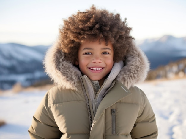 niño afroamericano disfruta del día nevado de invierno en una postura dinámica emocional lúdica