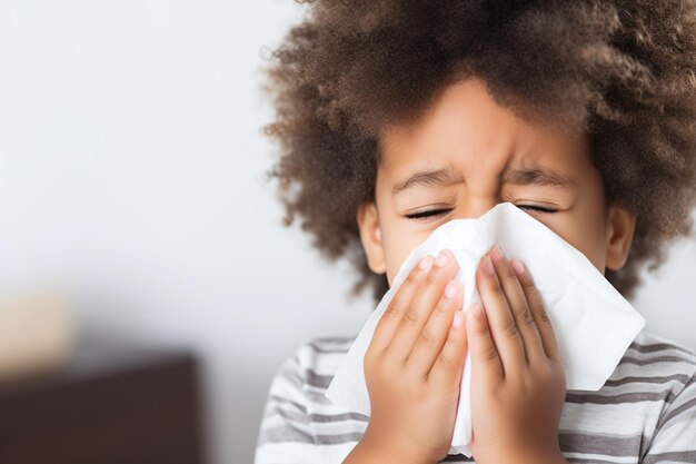 Niño afroamericano en edad preescolar con gripe sonándose la nariz con un pañuelo