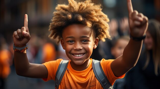 Foto un niño afroamericano feliz con el dedo en el aire