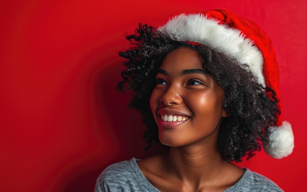 Un niño afroamericano feliz con el sombrero de Papá Noel en el fondo de Navidad