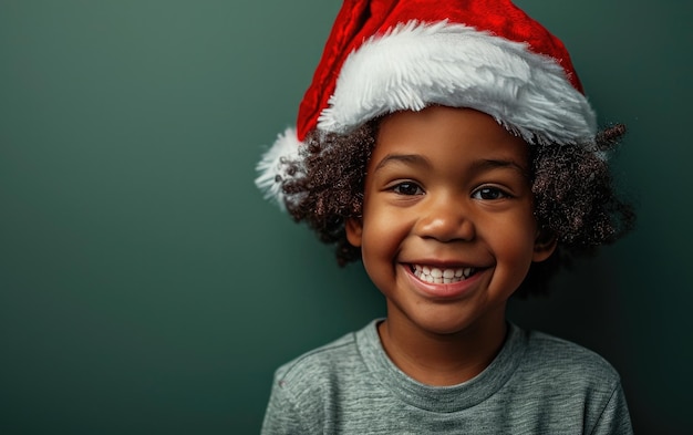 Un niño afroamericano feliz con el sombrero de Papá Noel en el fondo de Navidad