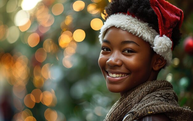 Un niño afroamericano feliz con el sombrero de Papá Noel en el fondo de Navidad