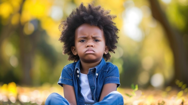 Niño afroamericano insatisfecho sentado en el parque sintiéndose aburrido