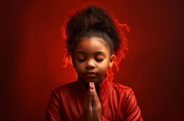 Niño afroamericano orando retrato de estudio fondo rojo concepto de religión