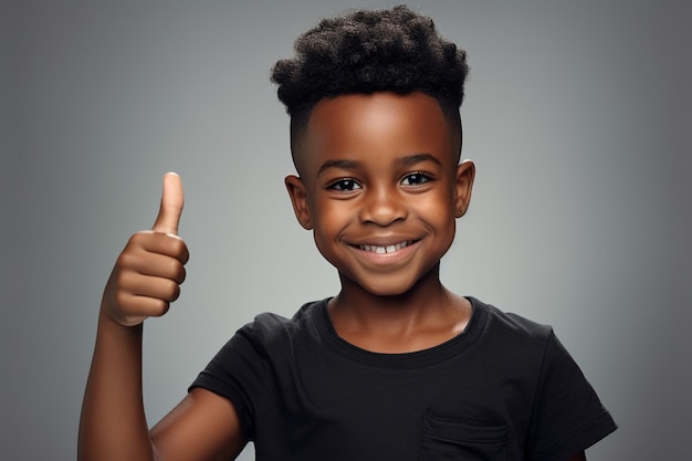 Niño afroamericano positivo dando pulgares hacia arriba con gesto de mano