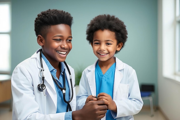 Un niño afroamericano que se ríe, un paciente que toma un estetoscopio de un médico masculino en un hospital, servicios médicos y de atención médica en un hospital.