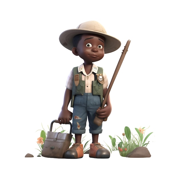 Niño afroamericano con un sombrero de safari y un mono con una pala