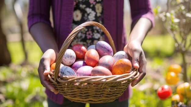 Niño afroamericano sosteniendo una canasta de huevos de Pascua coloridos en un jardín soleado