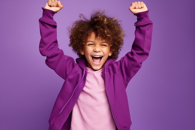 Niño afroamericano vestido con ropa elegante celebra el éxito levanta las manos los puños aislados sobre un fondo de color púrpura