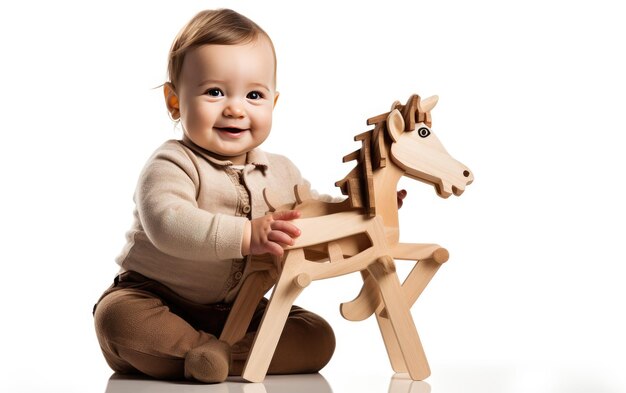 Niño agarrando un caballo de juguete de madera aislado sobre un fondo transparente