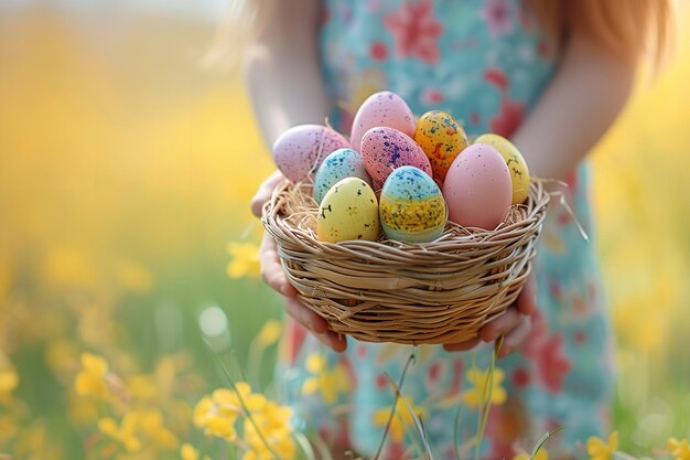 Niño agarrando una canasta llena de huevos de Pascua vibrantes Generativo Ai