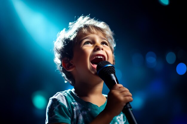 Foto un niño agarrando nerviosamente un micrófono aislado en un fondo de gradiente de reflector