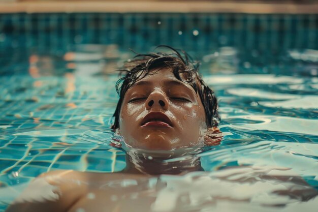 Foto un niño ahogándose en una piscina sin nadie a su alrededor para ayudar a luchar por respirar