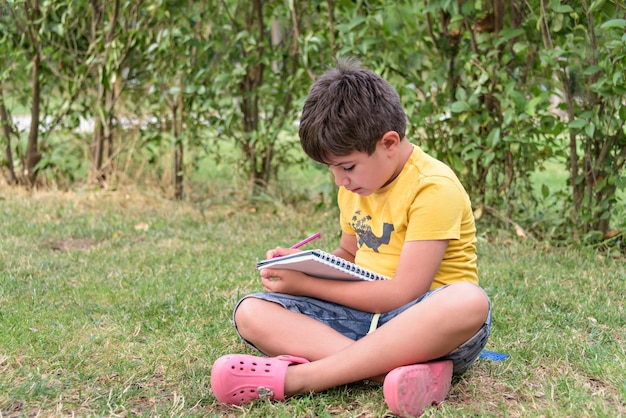 Niño al aire libre en el césped en el patio trasero usando su computadora de tableta Educar y jugar