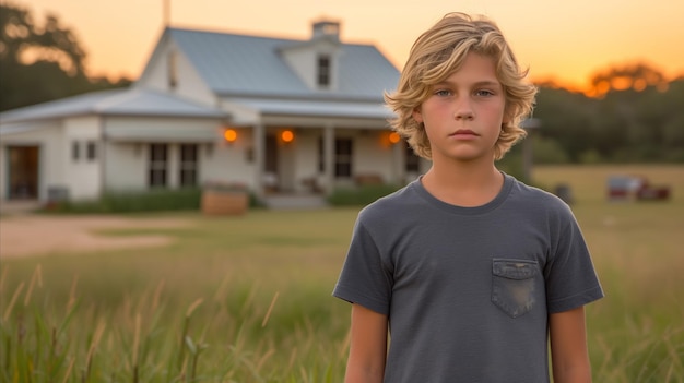 Niño al anochecer frente a una casa rural