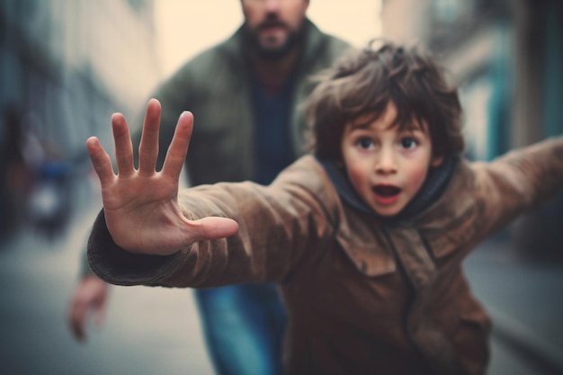 Niño alarmado huyendo de padre furioso Protección y ley de violencia contra los niños