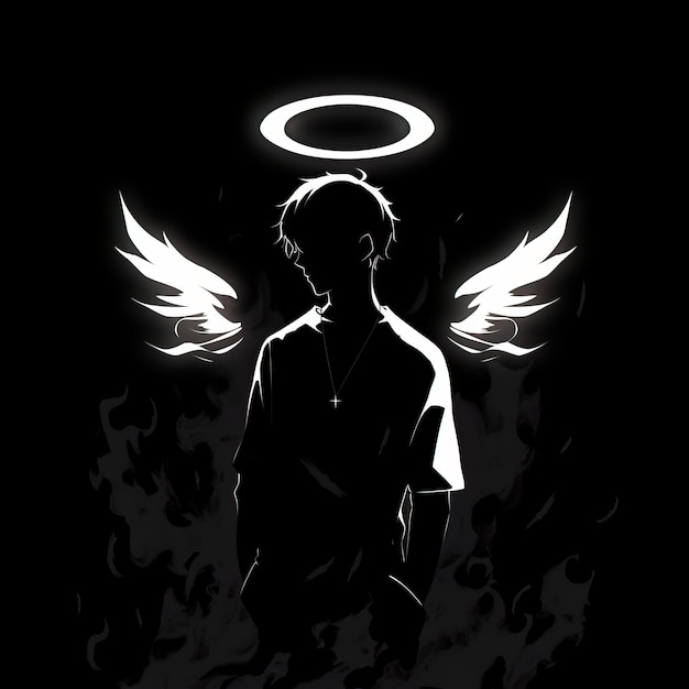 Foto niño con alas de ángel un emblema divino en la serenidad oscura