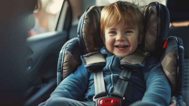 Un niño alegre asegurado en un asiento de coche radiante con una sonrisa soleada