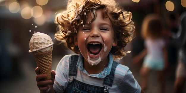 Un niño alegre con cabello rizado disfrutando de un gran cono de helado, emoción y felicidad, capturó el momento perfecto del deleite infantil AI