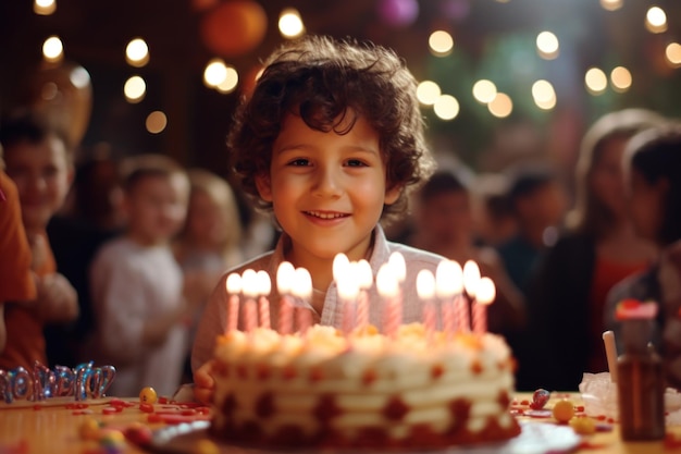 Un niño alegre celebrando con un pastel de cumpleaños