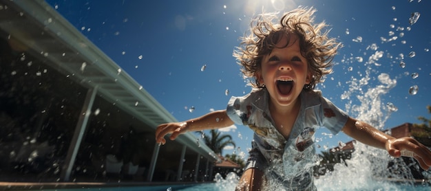 niño alegre chapoteando en la piscina IA generativa