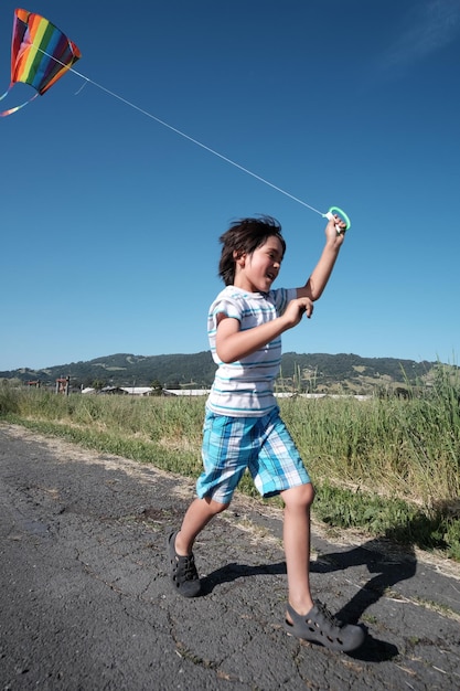 Un niño alegre con una cometa corriendo por la carretera por la hierba contra un cielo despejado