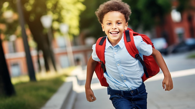 Niño alegre corriendo por la calle con una mochila escolar generada por IA