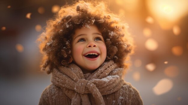 Un niño alegre se deleita en la luz del sol de invierno entre los copos de nieve