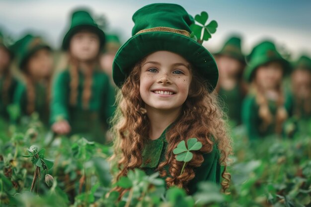 Foto niño alegre con disfraz de duende celebrando el día de san patricio al aire libre