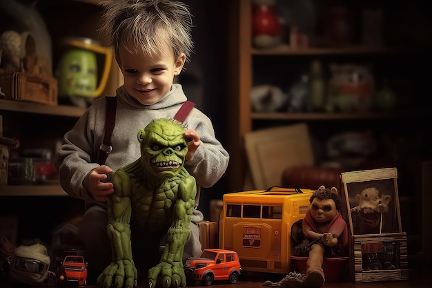 Niño alegre disfrazado de Frankenstein recogiendo su monstruo de los juguetes