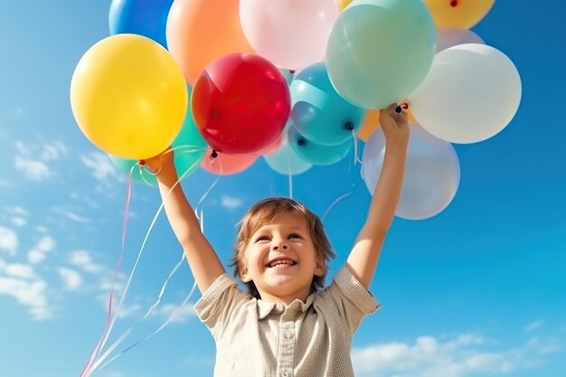 Niño alegre y divertido con globos de colores sobre un fondo de cielo Niño divirtiéndose con globos y confeti