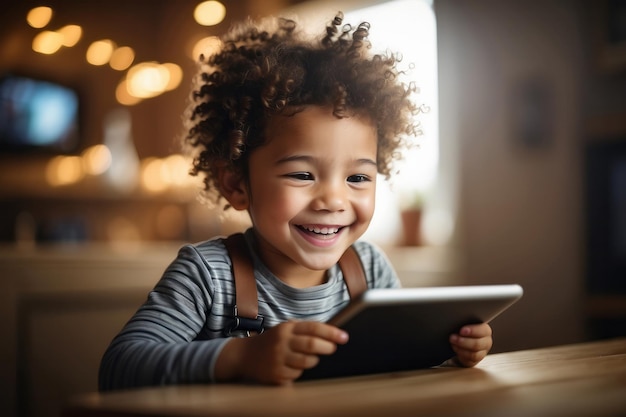 Foto un niño alegre explora el mundo de la tecnología infantil sonriendo mientras usa una tableta.