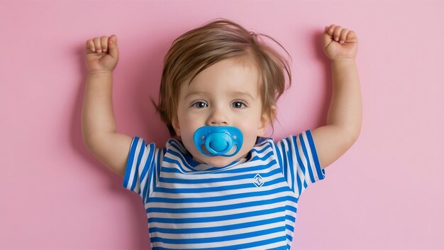 Foto un niño alegre y feliz con un chupete azul sobre un fondo rosado