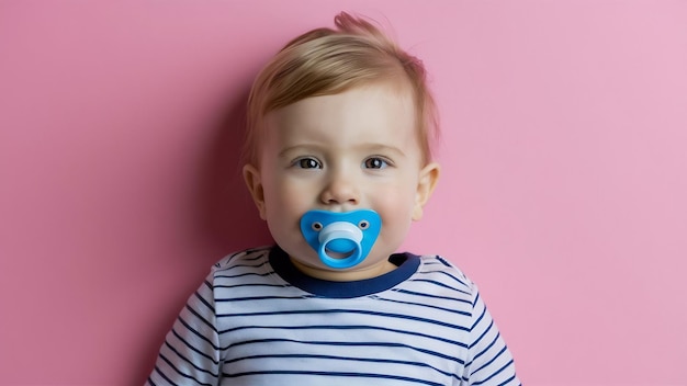 Foto un niño alegre y feliz con un chupete azul sobre un fondo rosado