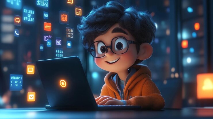 Foto un niño alegre con gafas codificando en una computadora portátil en una ciudad animada