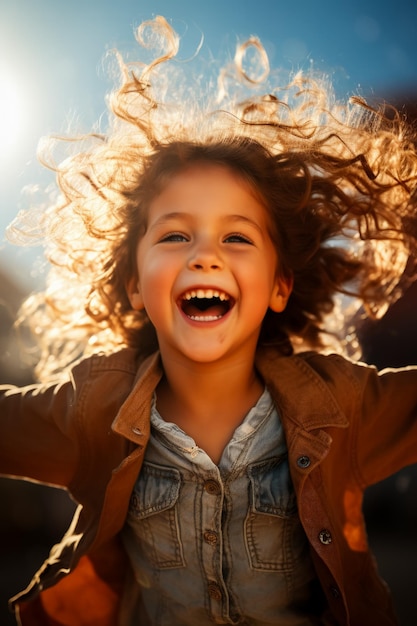 Un niño alegre girando con los brazos abiertos aislado en un fondo de gradiente soleado