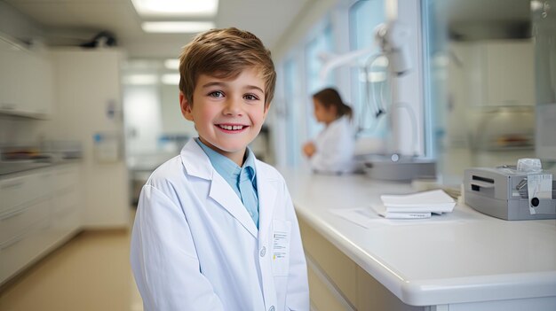 Un niño alegre en una habitación de hospital vestido con un traje de doctor39s