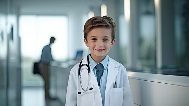 Un niño alegre en una habitación de hospital vestido con un traje de doctor39s