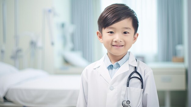 Un niño alegre en una habitación de hospital vestido con un traje de doctor39s