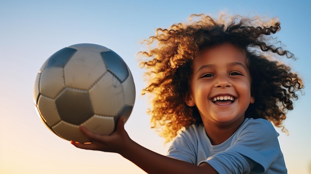 Foto niño alegre jugando al fútbol al aire libre durante el día